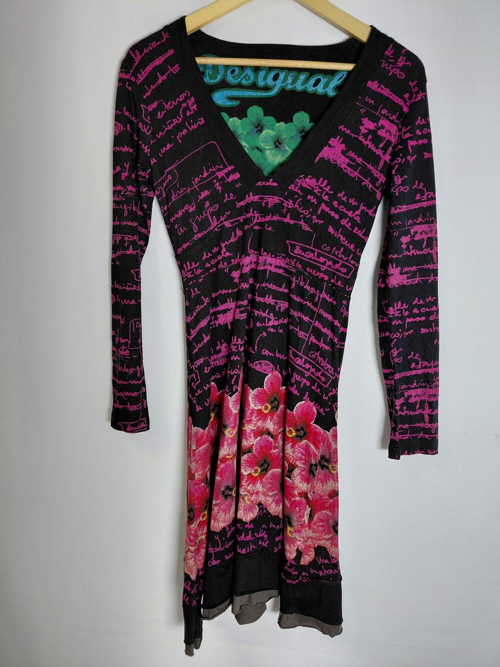 Desigual Pink Floral V-Neck Dress Knee Length Long Sleeve Women Size M